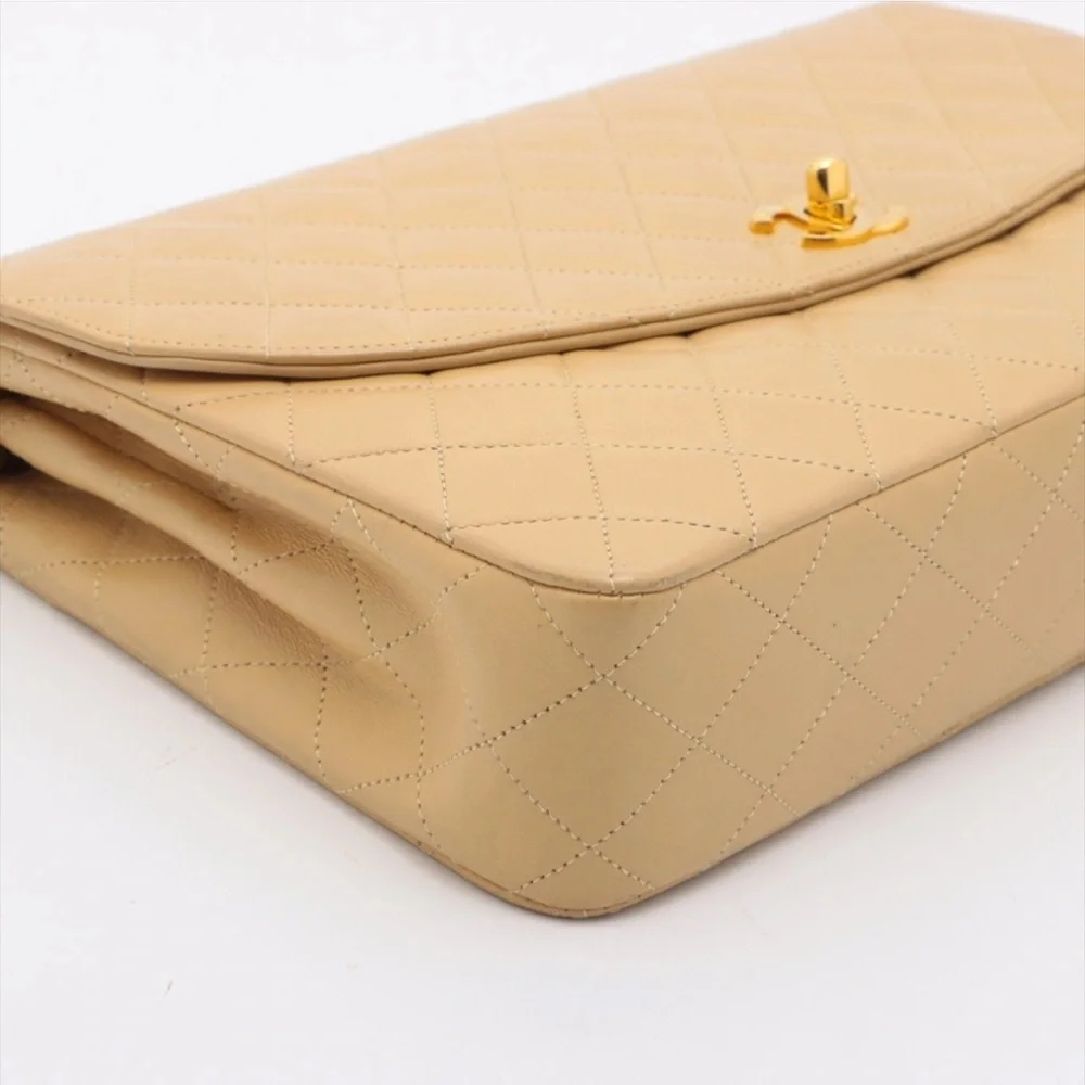 Auth CHANEL Beige Single Flap Shoulder Chain Bag 24k Gold CC Quilted Lambskin - Picture 9 of 11